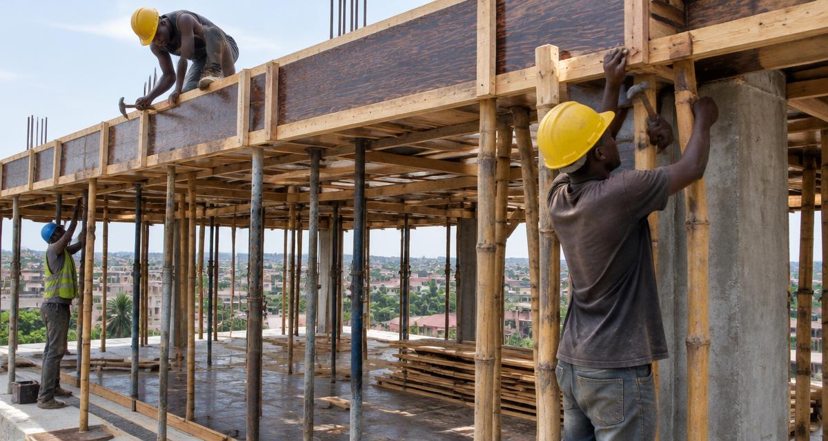 Carpenters building plywood and timber formwork on metal and bamboo props