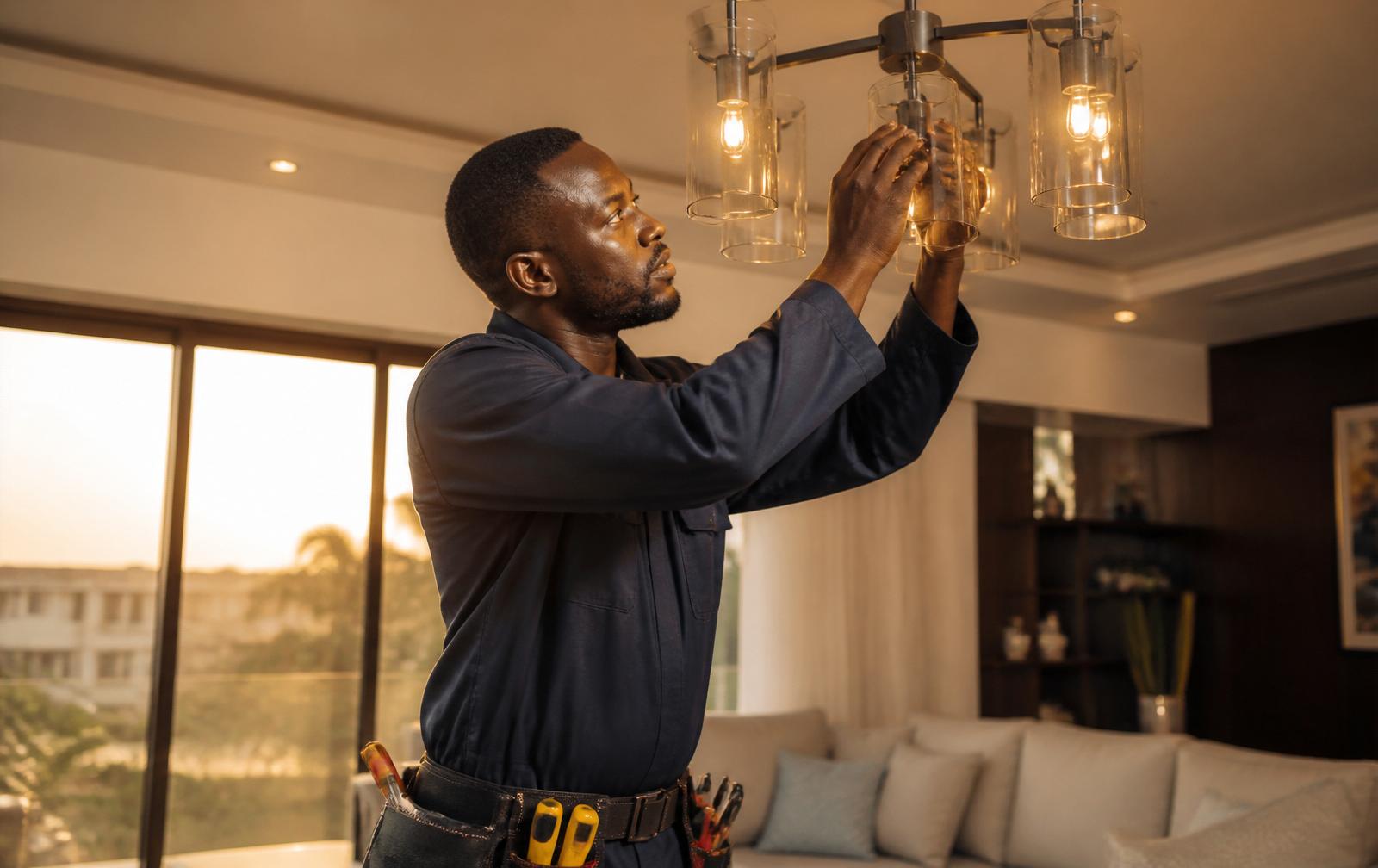 Electrician wiring a distribution board in a Ghanaian home