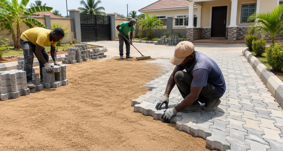 Workers laying interlocking paving blocks on a sand bed for a driveway