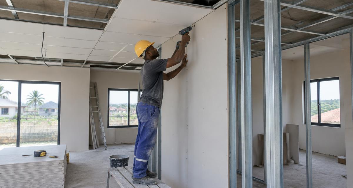 Worker fixing plasterboard sheets to metal stud framing and a ceiling
