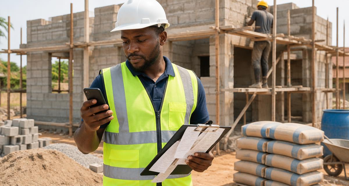 Site supervisor checking receipts on a Ghana building site